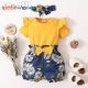 Baby Girl Solid Color Bodysuit & Floral Pattern Bow-knot Shorts & Headband