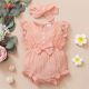 Baby Girl Solid Color Bow-knot Decor Ruffle-sleeve Bodysuit & Headband- pink