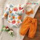 Baby 3pcs Floral Print Long-sleeve Romper and Solid Waffle Trouser