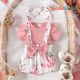 3pcs Baby Girl Solid Cotton Ribbed Ruffle Short-sleeve Romper and Floral Print Suspender Shorts & Headband Set 