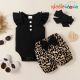 3pcs Baby Girl Solid Ribbed Flutter-sleeve Romper and Leopard Shorts with Headband Set - Black