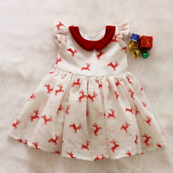 Top Christmas Gift Baby Girl Reindeer Dress with Red Collar